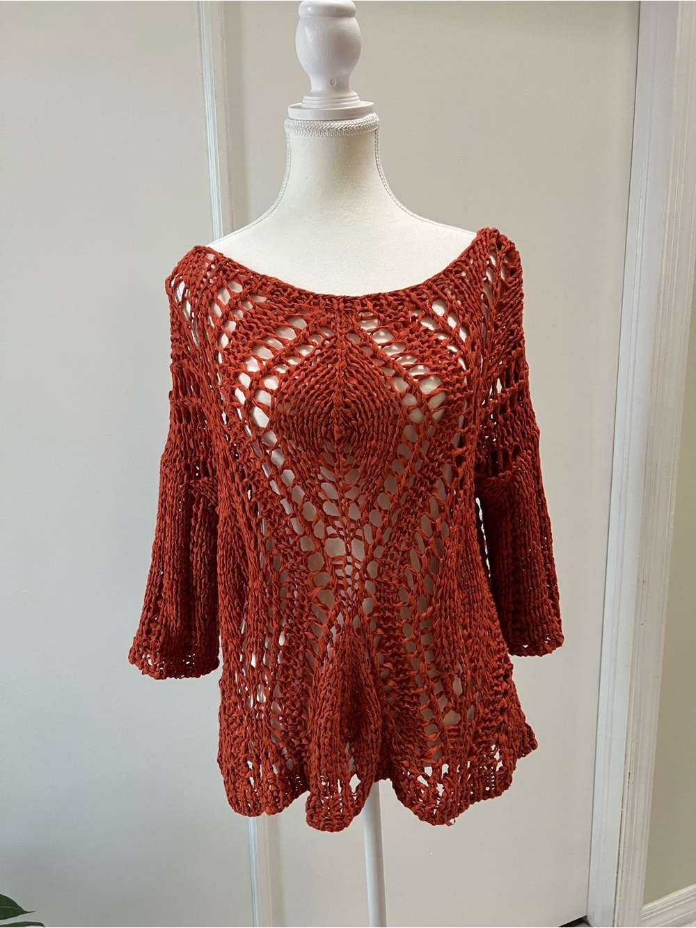 Exquisite Burnt Orange Open-Knit Crochet Sweater Top Size 10